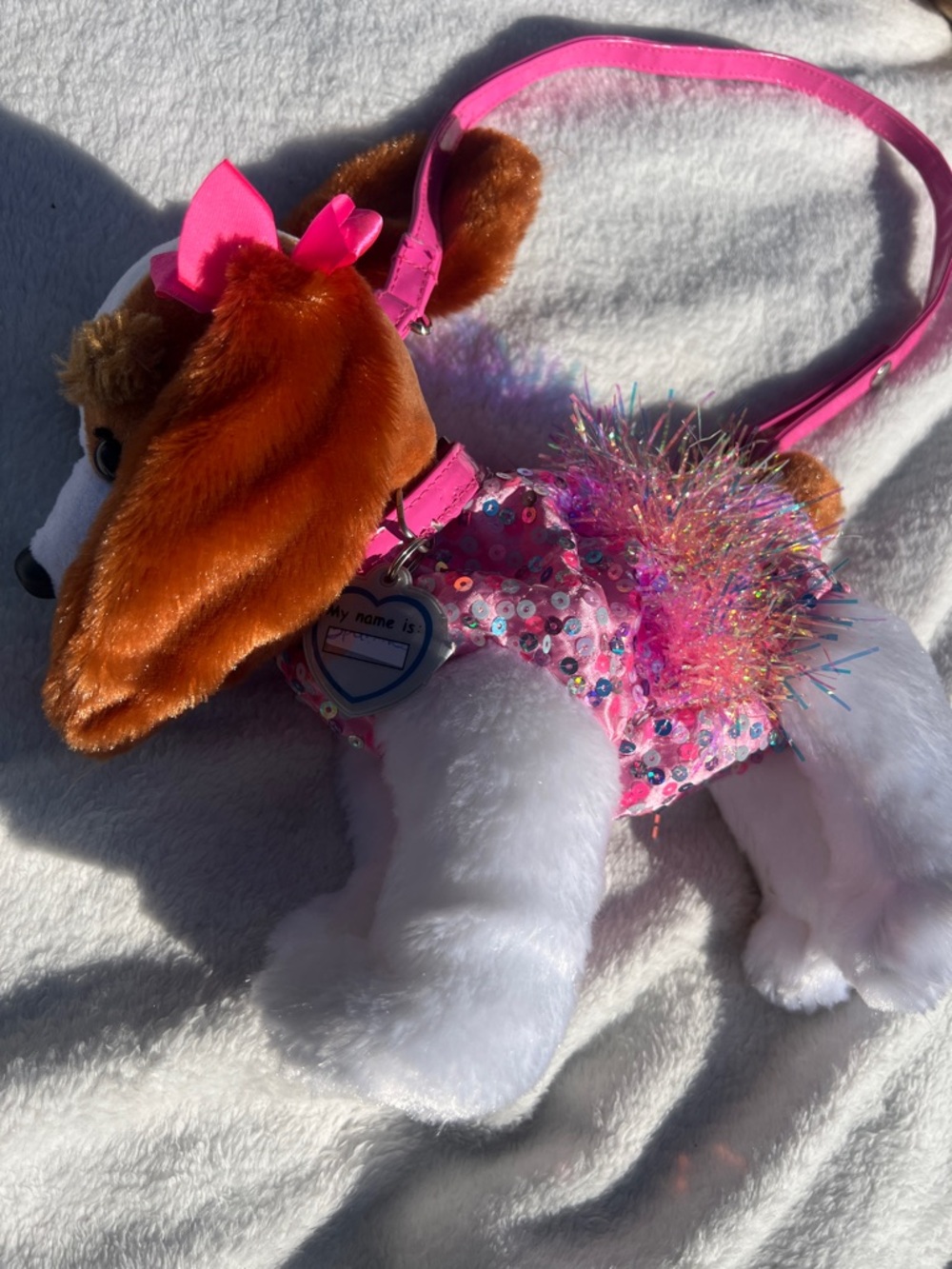 Poochi & co Plush Puppy Shoulder Bag with Pink Sequin Outfit